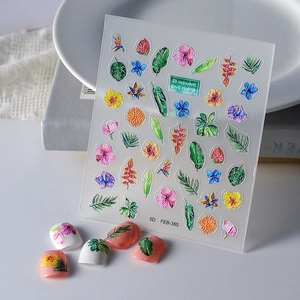 Tropical rainforest 5D embossed nail art stickers with floral and leaf relief patterns