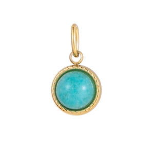 Detail of round turquoise stone pendant with gold-plated twisted rope edge and bail