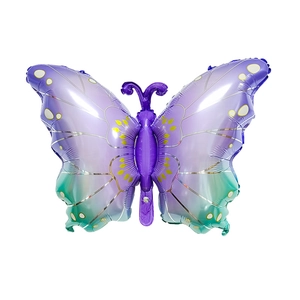 Detailed view of butterfly foil balloon with purple gradient and gold spot accents