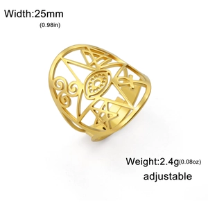 Detailed size specifications of golden adjustable ring with eye of Horus and star symbols