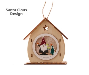 Detail of wooden Christmas house ornament featuring laser-cut Santa and pine tree motif