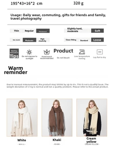 Detailed size chart and material specs for mohair knit scarf with thick tassels