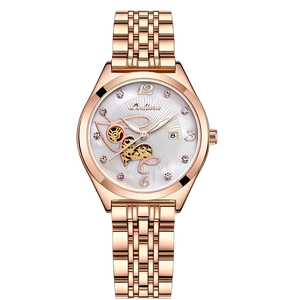 Elegante orologio da donna in oro rosa con strass e quadrante cuore scheletrato