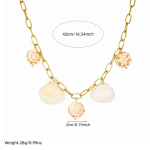 Gold chain necklace with white natural shell and conch pendants on white background