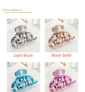 Detailed view of large metallic hair claw clips in silver, rose gold, blue, and pink colors