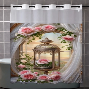 Detail of waterproof polyester shower curtain with 3D floral rose and lantern print