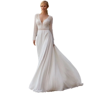 Elegant white lace long sleeve wedding dress with deep V-neck and satin skirt