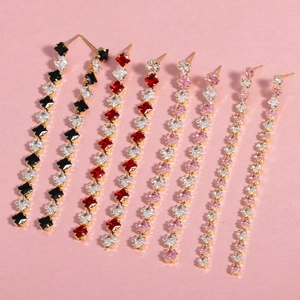 Zircon tassel drop earrings with long linear fringe and geometric stones in various colors