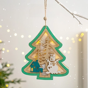 Lighted wooden Christmas tree pendant with snowman and warm LED scene decoration