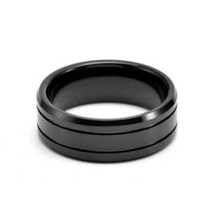 Minimalist black tungsten ring for men featuring dual parallel grooves and polished finish