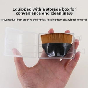Detail of hexagonal foundation brush with dense bristles and clear portable storage case