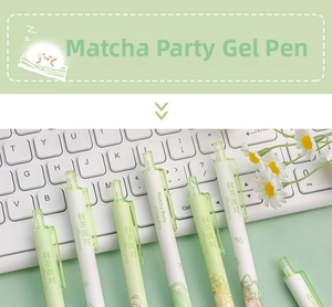 Close-up of Matcha Party themed retractable gel pens with cute floral prints on a desk