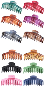 Collection of 12 large matte hair claw clips in various colors and tortoiseshell patterns
