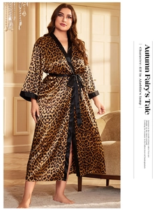 Luxurious satin leopard print long robe with black silk trim and waist tie detail