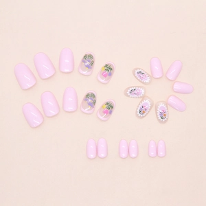 Pink and floral press on nails set with sweet flower patterns and round shape