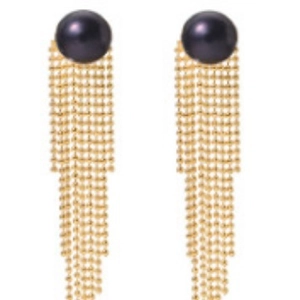 Elegant 18k gold plated long tassel earrings featuring black pearls and golden beads