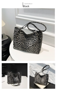 Detail shots of large leopard print tote bag in dark grey with textured finish