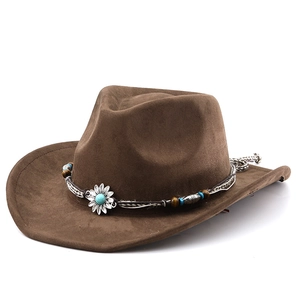 Brown faux suede western cowboy hat with sunflower buckle and turquoise bead band