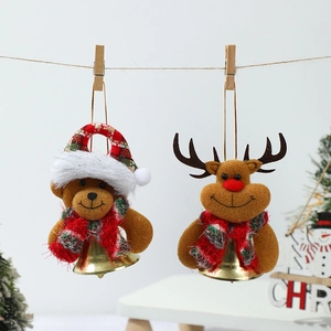 Christmas plush bear and reindeer hanging ornaments with golden bells and scarves