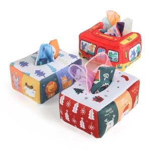Three-themed baby tissue box toy set with colorful mesh squares for sensory early education