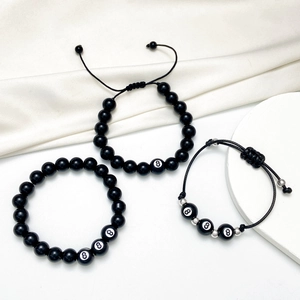 Dreiteiliges schwarzes Perlenarmband-Set mit Nummer 8 Billard-Muster und Webkordel