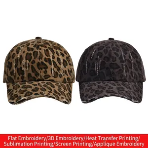 Leopard Print Baseball Cap Cotton Canvas Distressed Ripped Peaked Hat Adjustable Sunshade Streetwear Retro Unisex