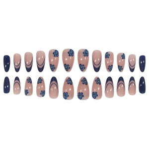 24pcs almond press-on nails featuring dark blue floral art and french tips design