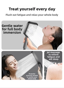 Detail of matte black rectangular shower head featuring three adjustable water flow modes