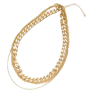 Three-layer gold chunky cuban chain and flat metal link necklace for women