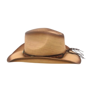 Close-up of woven straw cowboy hat with leather band, turquoise bead, and fringe detail