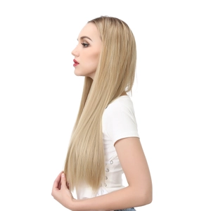 U-shaped long straight blonde synthetic hair extension shown on a model against white background