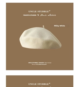 Detailed texture of high quality milky white wool beret in French retro style for women