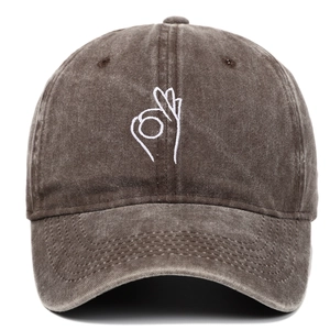 Vintage washed dark brown baseball cap with embroidered OK gesture on the front