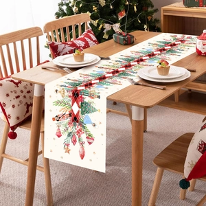 Christmas Table Runner Polyester Poinsettia Snowflake Nutcracker Print Holiday Dining Party Decoration Festive Style