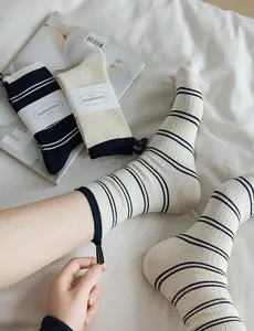 Detailed knit texture of striped crew socks featuring a unique heel pull tab design
