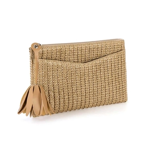 Summer woven straw clutch bag with large tassel detail and front pocket on white background
