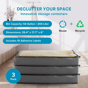 Three-pack grey non-woven underbed storage bags with clear windows and large capacity