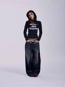 Damen T-Shirt Mit Kapuze Baumwollmischung Gestrickt Langarm Schmal Geschnitten Buchstabenprint Y2K Streetwear Top