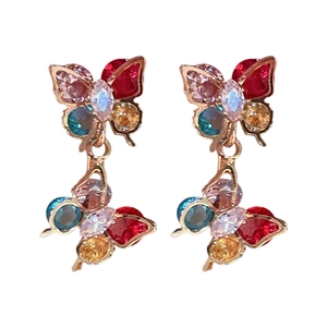 Elegant butterfly drop earrings with colorful zircons and golden silver needle pins