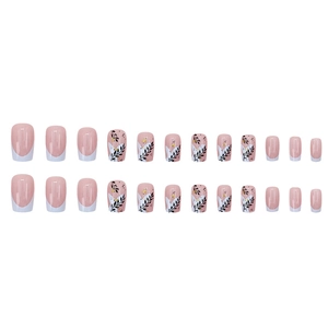 24er-Set French Style Kunstnägel in Pink und Blau mit goldenen Blatt-Glitzer-Details