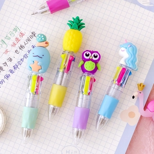 Cartoon 4-in-1 multi-color ballpoint pens with cute animal and fruit toppers for students