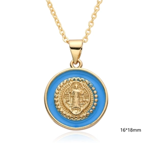 Religious necklace with a gold Mary pendant and blue enamel inlay, 16x18mm pendant size