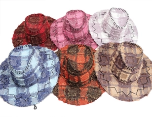 Detail of plaid western cowboy hats in six colors with frayed edges and zigzag stitching