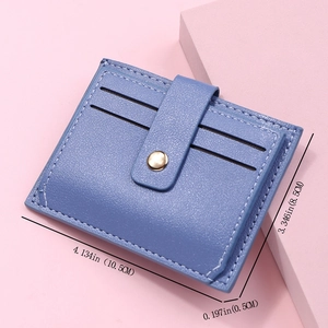 Close-up of blue slim card holder showing dimensions 10.5cm x 8.5cm with gold snap button