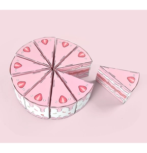 Macro top view of ten strawberry cake-shaped pink paper treat boxes arranged in a circle