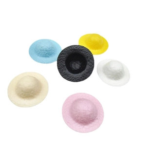 Set of six mini 5cm woven texture plastic hats in blue black yellow beige white and pink
