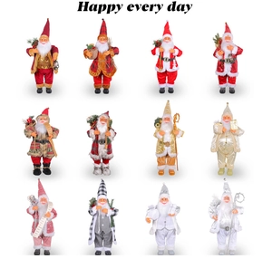 Macro view of twelve distinct 24-inch Santa Claus figurines in festive assorted outfits