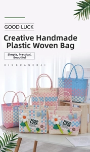 Close-up of pink woven picnic bag with sunflower decor and Good Luck tag
