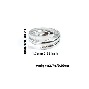 Polished silver snake ring dimensions detail showing 1.2cm diameter and 2.7g weight