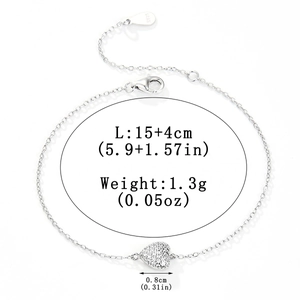 Detail of S925 sterling silver heart bracelet showing 15+4cm length and zircon charm